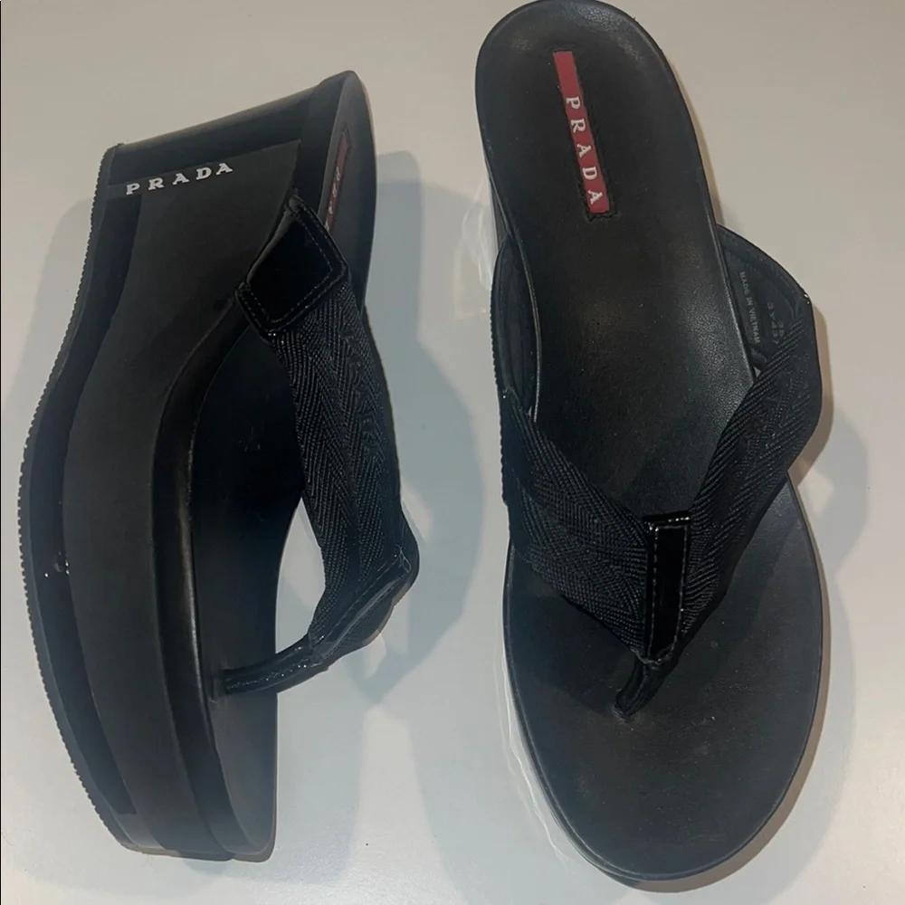 Prada Black Wedge Flip-Flip flop sandal size 38 new! No box - Picture 1 of 8
